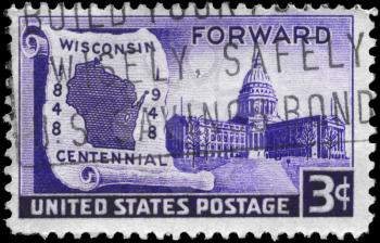 Royalty Free Photo of US Stamp from 1948 With Map on Scroll and State Capitol, Wisconsin Statehood Issue