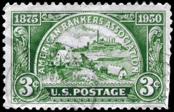 Royalty Free Photo of 1950 US Stamp Shows the Coin, Symbolizing Fields of Banking Service, American Bankers Association's 75th