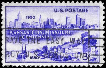 Royalty Free Photo of 1950 US Stamp Shows Kansas City Skyline, 1950 and Westport Landing, 1850, Incorporation of Kansas City, Centennial