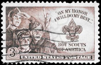 Royalty Free Photo of 1950 US Stamp Shows the Three Boys, Statue of Liberty and Scout Badge