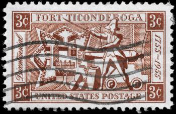 Royalty Free Photo of 1955 US Stamp Shows the Map of the Fort, Ethan Allen and Artillery, Fort Ticonderoga Bicentenary