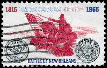 Royalty Free Photo of 1965 US Stamp Shows General Andrew Jackson and Sesquicentennial Medal, Battle of New Orleans Issue