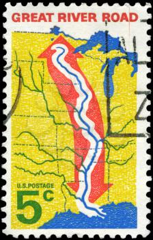 Royalty Free Photo of 1966 US Stamp Shows Central US Map with Great River Road, circa 1966