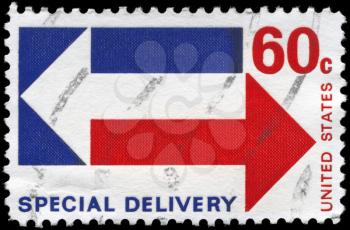 Royalty Free Photo of 1971 US Stamp Shows the Stylized Special Delivery Arrows