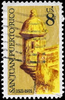 Royalty Free Photo of 1971 US Stamp Shows Sentry Box, Morro Castle, San Juan, 450th Anniversary