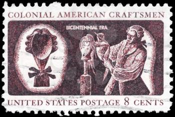Royalty Free Photo of 1972 US Stamp Shows a Wig Maker, Colonial American Craftsmen