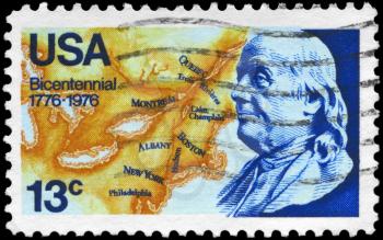 Royalty Free Photo of 1976 US Stamp Shows Benjamin Franklin and Map of North America