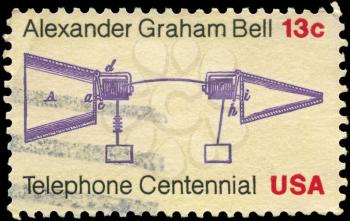 Royalty Free Photo of 1976 US Stamp Shows the Alexander Graham Bell Telephone Patent Application, Telephone Centenary