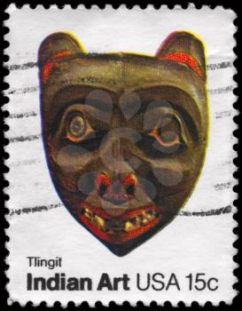 Royalty Free Photo of 1980 US Stamp Shows the Mask of Tlingit Tribe, Pacific Northwest Indian Masks, American Folk Art