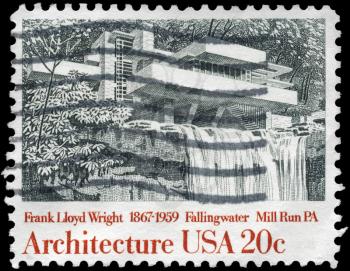 Royalty Free Photo of 1982 US Stamp Shows Fallingwater, Mill Run, by Frank Lloyd Wright, American Architecture Series
