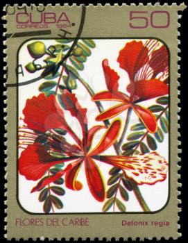 CUBA - CIRCA 1984: A Stamp printed in CUBA shows image of a Delonix regia, from the series Caribbean Flowers, circa 1984