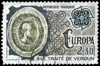 FRANCE - CIRCA 1982: A Stamp printed in FRANCE devoted to the Treaty of Verdun (August 843) which divided the Carolingian Empire and gave rise to France and Germany, circa 1982