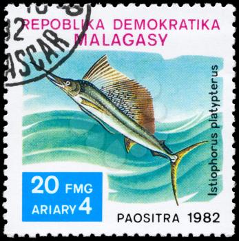 MALAGASY - CIRCA 1982: A Stamp printed in MALAGASY shows image of a Sailfish with the inscription Istiophorus platypterus from the series Local Fish, circa 1982