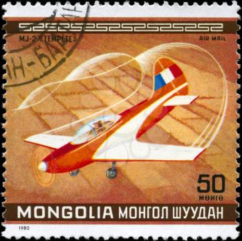 MONGOLIA - CIRCA 1980: A Stamp printed in MONGOLIA shows the MJ-2 Tempete Plane, France, from the series 10th World Aerobatic Championship, circa 1980