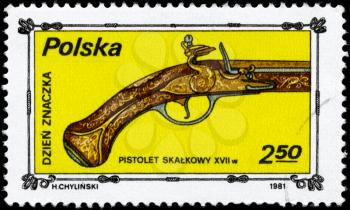 POLAND - CIRCA 1981: A Stamp printed in POLAND shows the image of the  old Pistol 17th century, from the series Stamp Day, circa 1981