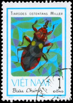 VIETNAM - CIRCA 1982: A Stamp printed in VIETNAM shows the image of a Soldier Bug with the description Tiarodes ostentans Miller from the series Chinch Bugs, circa 1982