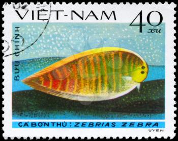 VIETNAM - CIRCA 1982: A Stamp printed in VIETNAM shows image of a Zebra Sole with the inscription Zebrias zebra from the series Fish, circa 1982
