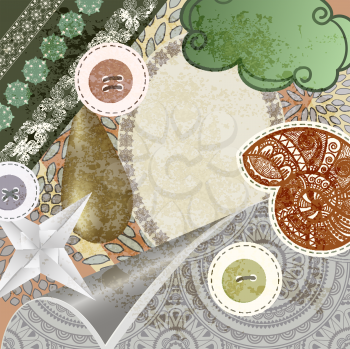 Royalty Free Clipart Image of a Scrapbooking Background with Buttons, Stars and a Shell