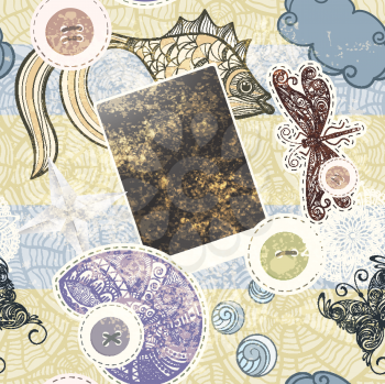 Royalty Free Clipart Image of a Scrapbooking Background of Buttons, Butterflies, Dragonflies, Fish and Shells