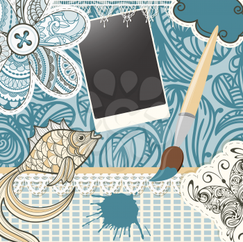 Royalty Free Clipart Image of Scrapbooking a Paint Brush, Buttons, a Butterfly, a Fish and Flowers