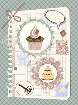 Royalty Free Clipart Image of Scrapbooking Background of a Cupcake, a Cake, Buttons and Lace