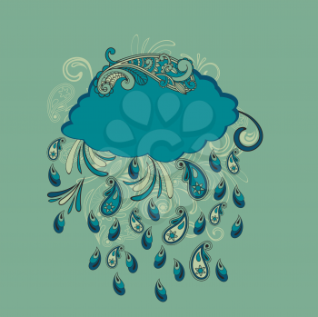Royalty Free Clipart Image of a Cloud with Paisley Shaped Raindrops