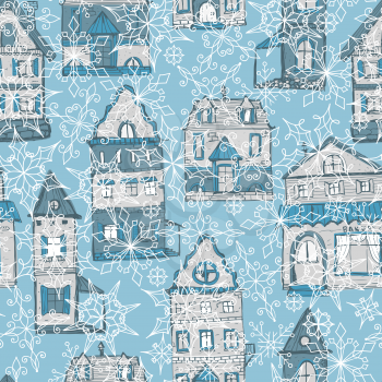 Royalty Free Clipart Image of Victorian Buildings on a Snowflake Background