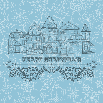 Royalty Free Clipart Image of a Christmas Greeting With Buildings