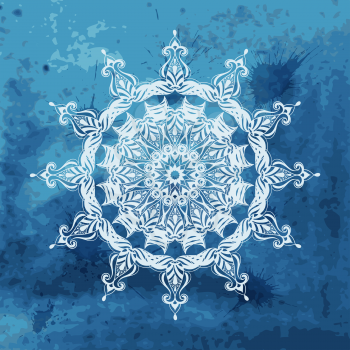 Vector white snowflake on watercolor blue background and blobs, transparency effects