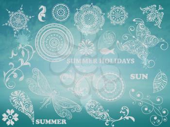 Vector Summer Design elements on Background with blue sky and sea, example with Chaparral Pro Bold and Cooper Std fonts, blobs with transparency effects