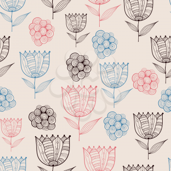 Vector Seamless Doodle Floral Pattern with Tulips, fully editable eps 10 file with clipping mask and seamless pattern in swatch menu