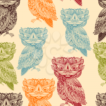 Vector Seamless Pattern with Bright  Owls, fully editable eps 10 file with clipping mash and seamless pattern in swatch menu