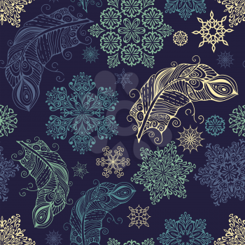 Vector Seamless Pattern with white snowflakes and feathers, seamless pattern in swatch menu