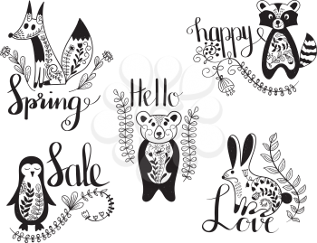 Vector  Animals with spring messages. decorated with floral pattern