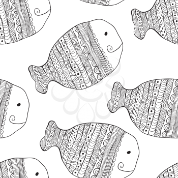 Vector Seamless Pattern with Doodle Fishes. Doodle Cartoon Fishes. Can ba used for textile, fabric, wrapping paper etc.