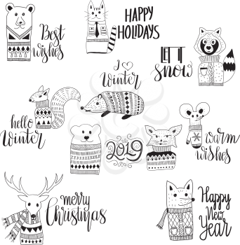 Vector Funny Animals wit  Christmas Winter Holiday Greetings/. Vector  Christmas Letterings.  Merry Christmas. Happy new year. Let it Snow. Best Wishes.
