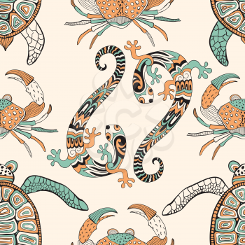 Vector seamless pattern with lizards, turtles, and crabs.   Retro vintage style.