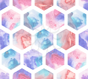 Vector Seamless Pattern with Watercolor Hexagons. Textured Hand drawn background