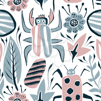 Vector Summer Seamless Pattern with Bugs and Leaves. 