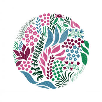 Vector Circle  Pattern with Flowers, Berries, and Leaves. Spring Greeting Card Design