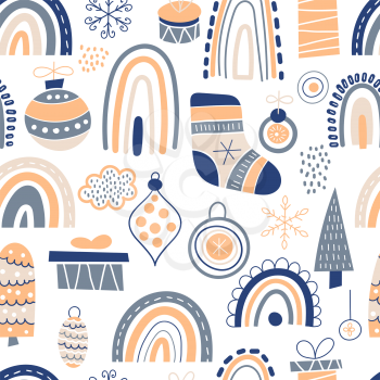 Vector Seamless Christmas Pattern with boxies, toys, rainbow, fir trees, socks, etc. Childish naive scandinavian style. Design Elements set
