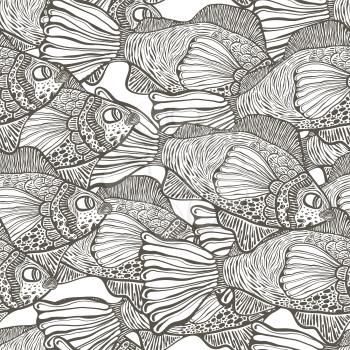 Vector Seamless Tough Pattern with Funky Fish . Hand drawn engraving style.