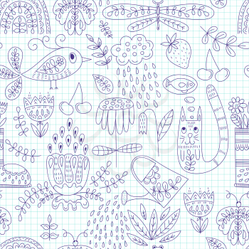 Vector Seamless Spring Pattern Drawn in the Checked Notebook. Funny Summer Outdoor Doodles.