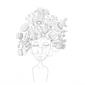 Vector Portrait of  a Woman with Floral Wreath and Closed Eyes. Colouring Page