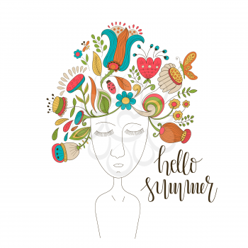 Vector Portrait of  a Woman with Floral Wreath and Closed Eyes. Hello Summer Greeting Card