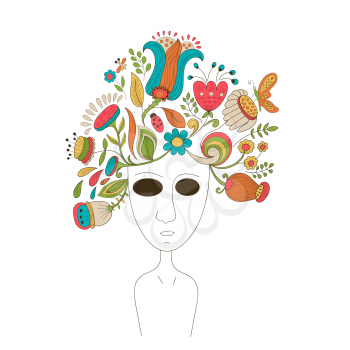Vector Portrait of  a Woman in Sunglasses with Floral Wreath and Closed Eyes. 