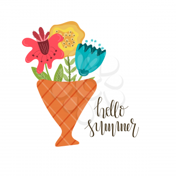 Vector Bouquet with three Flowers. Retro style. Hello Summer Greeting Card