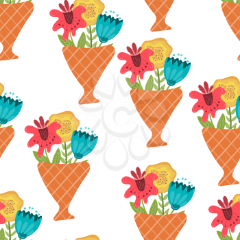 Vector Seamless Pattern with Bouquet with three Flowers . Retro style. Summer Background