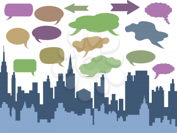 Royalty Free Clipart Image of a City With Speech Bubbles
