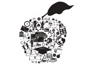 Royalty Free Clipart Image of an Apple With Education Icons
